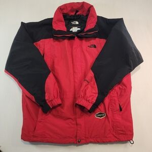 The North Face HyVent Jacket EUC Nylon Black Red Hooded Parka Windbreaker Ski.